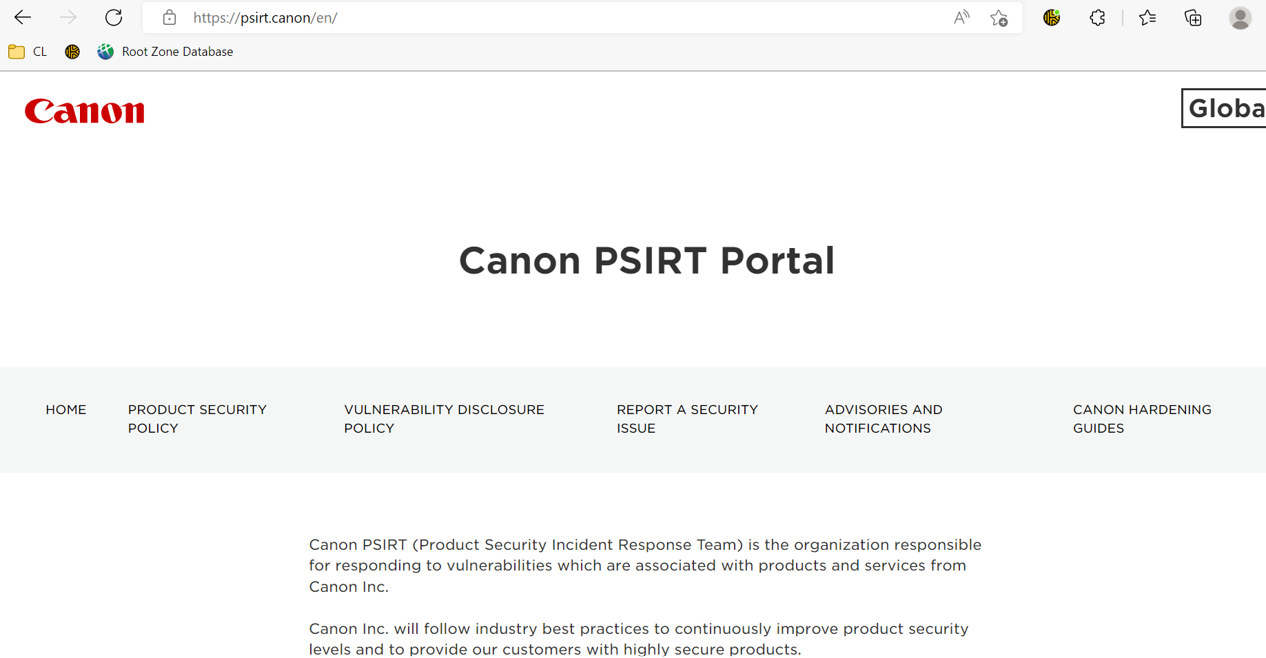 website for psirt.canon